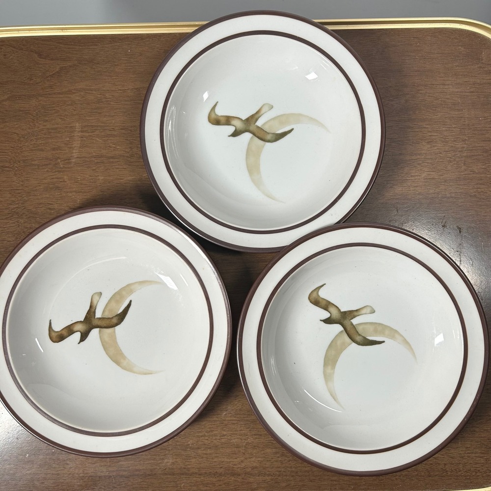 Noritake Moon Flight Stoneware Bowls 7.5in White Brown MCM Bird Moon Set of 3